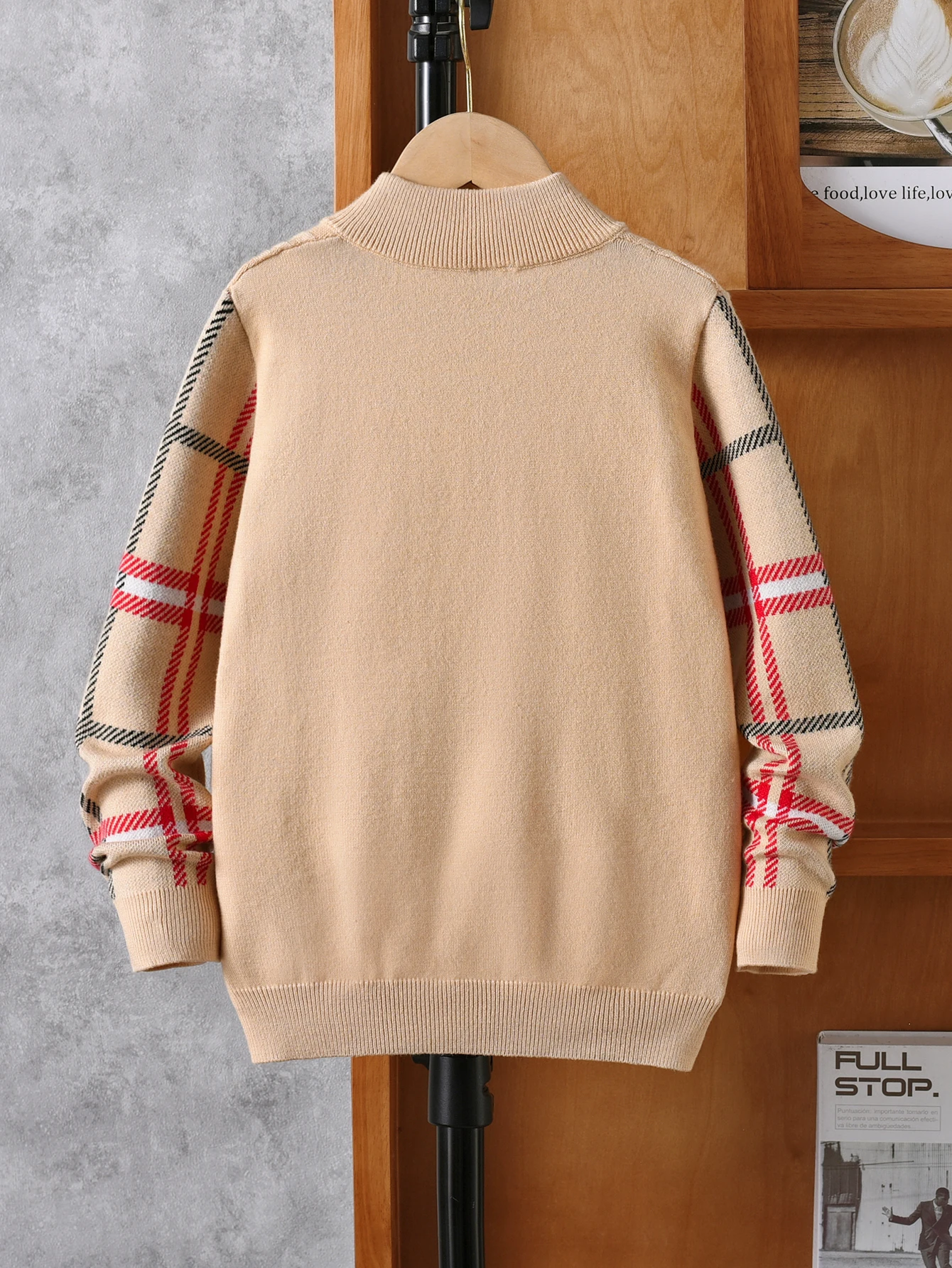 Boys' college style half zipper checkered sweater knitted twisted rope pullover suitable for school in spring, autumn and winter