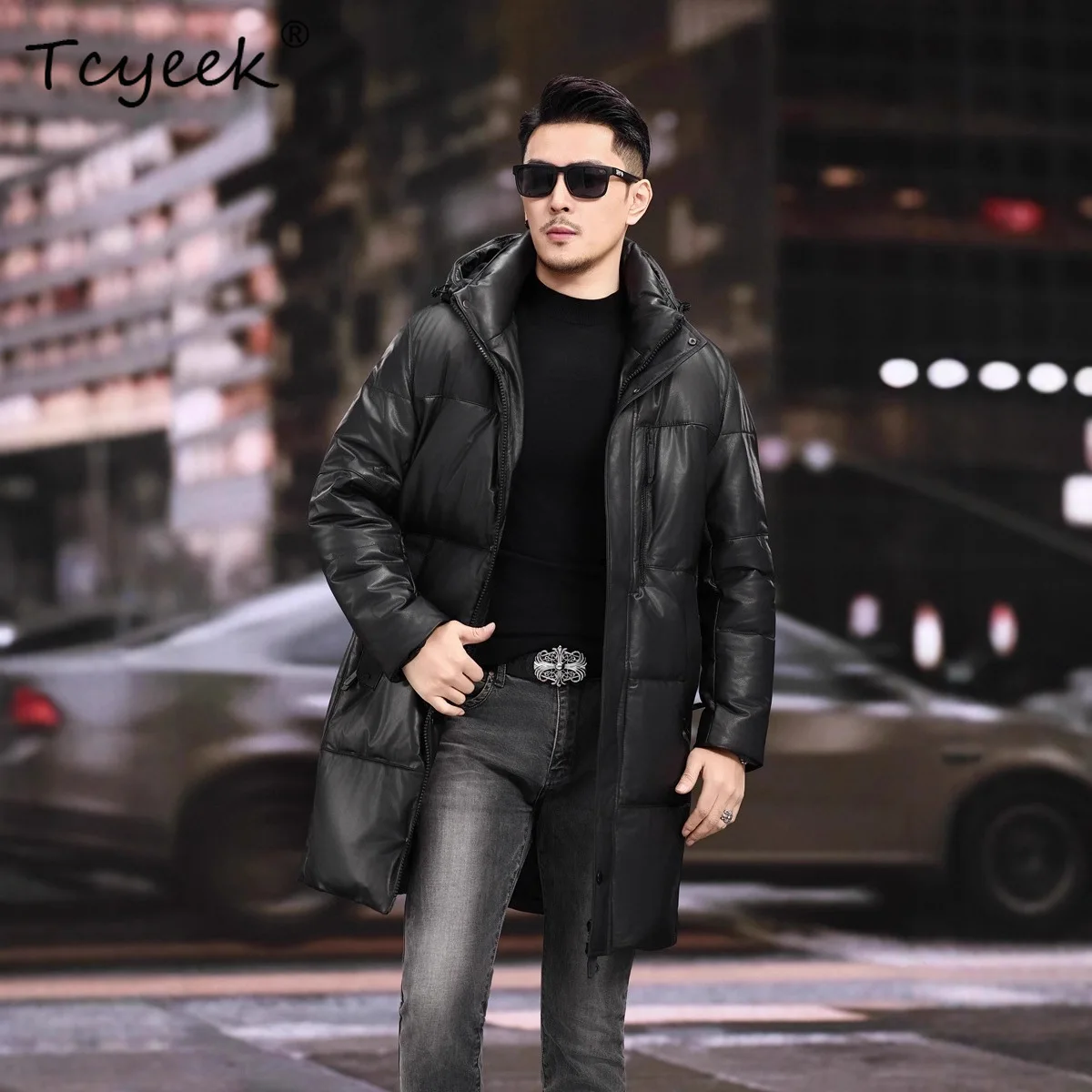 

Tcyeek Top Layer Cowhide Genuine Leather Jacket Men Winter Clothes Warm White Duck Down Coat Mens Coats Long Style Jaqueta Couro