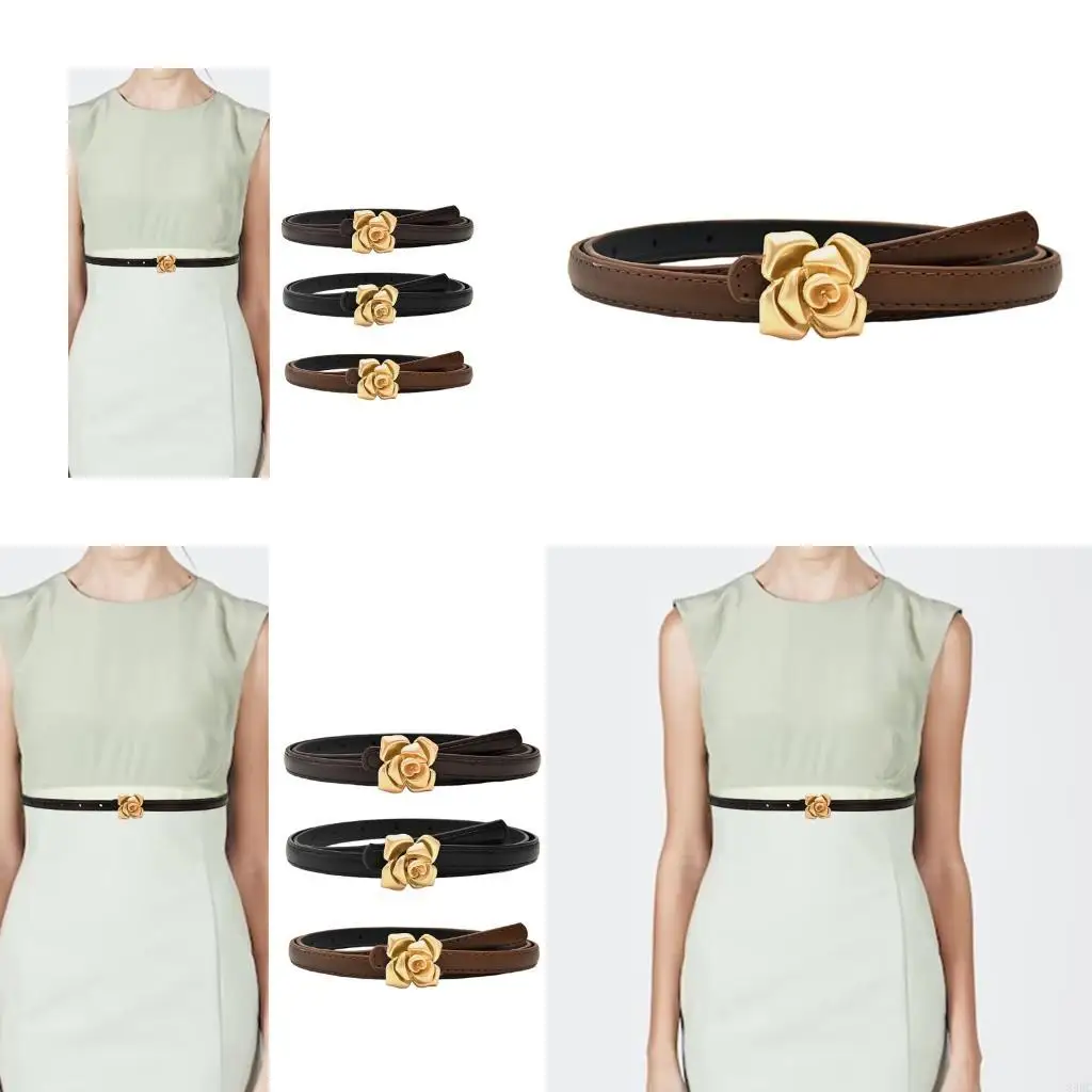 

39BC Rose Button Leather Belt For Women Adjustable Thin Waistband Jeans And Trousers