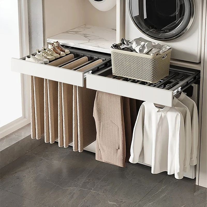 Pull Out Washer Clothes Hanger, Hidden Slide Rail Pant Rack, Balcony Drying Storage Shelf,Multi Use Rustproof Built-in Organizer