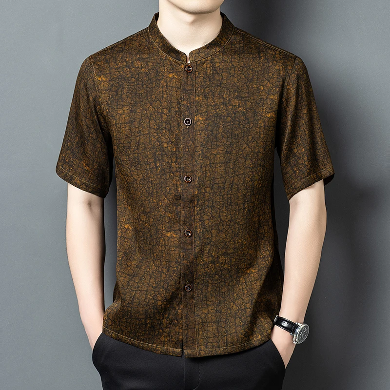 Chinese Style Luxurious Shirts For Men Short Sleeved Lightweight Summer Quality Natural Silk 100% Tang Costume Camisas De Hombre