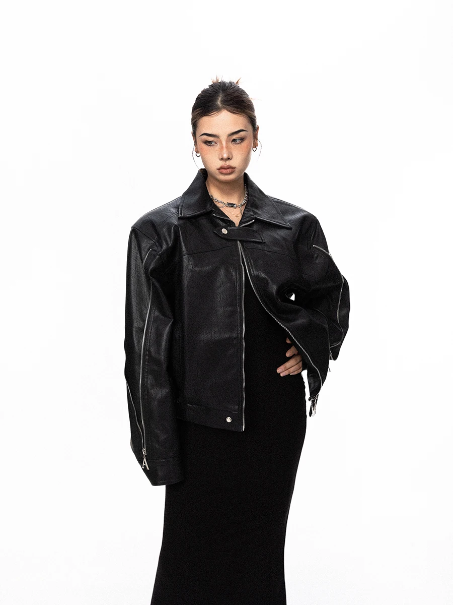 Street Style Loose Fit Motorcycle Jacket Pure Color Zip Sleeve Design Versatile Black PU Leather Biker Coat for Women