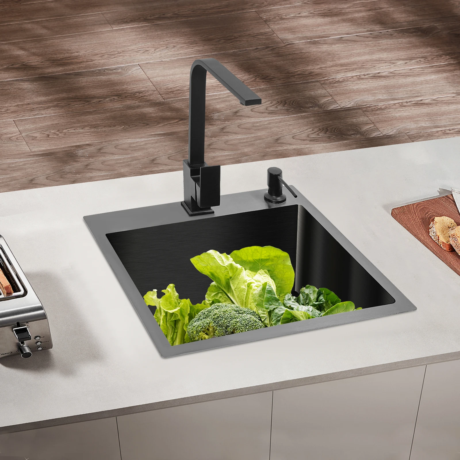 Black Sink Stainless Steel with Rotating Faucet Drainage Basket, 45*40*20cm, Built-in Kitchen Sink Kitchen Assistant