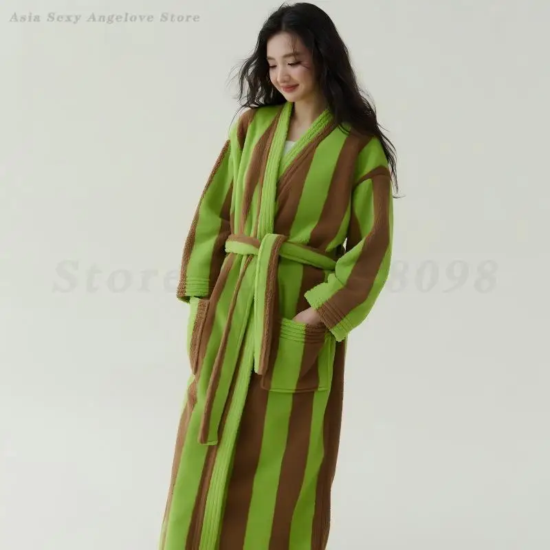 

Коралловый флисовый полосатый халат, пижамный комплект, новое зимнее кимоно, банный халат, фланелевая утепленная теплая одежда для сна, свободная домашняя одежда, домашняя одежда