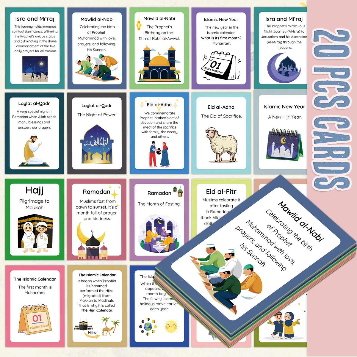 20pcs Islamic Sacred Holiday Educational Cards,Guide Description Of Ramadan,Eid Al-Adha,Hajj,For Muslims,Gifts For Prayer,Friend