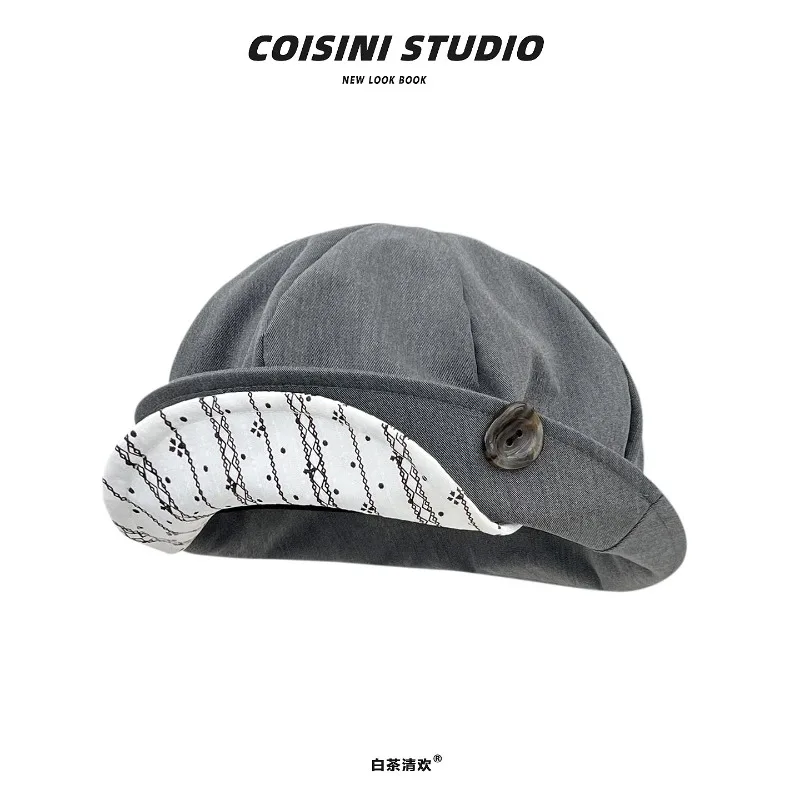 

Niche Design Double Flip-brim Button Berets for Women Spring Summer Travel Versatile Atmosphere Retro Literary Octagonal Hats