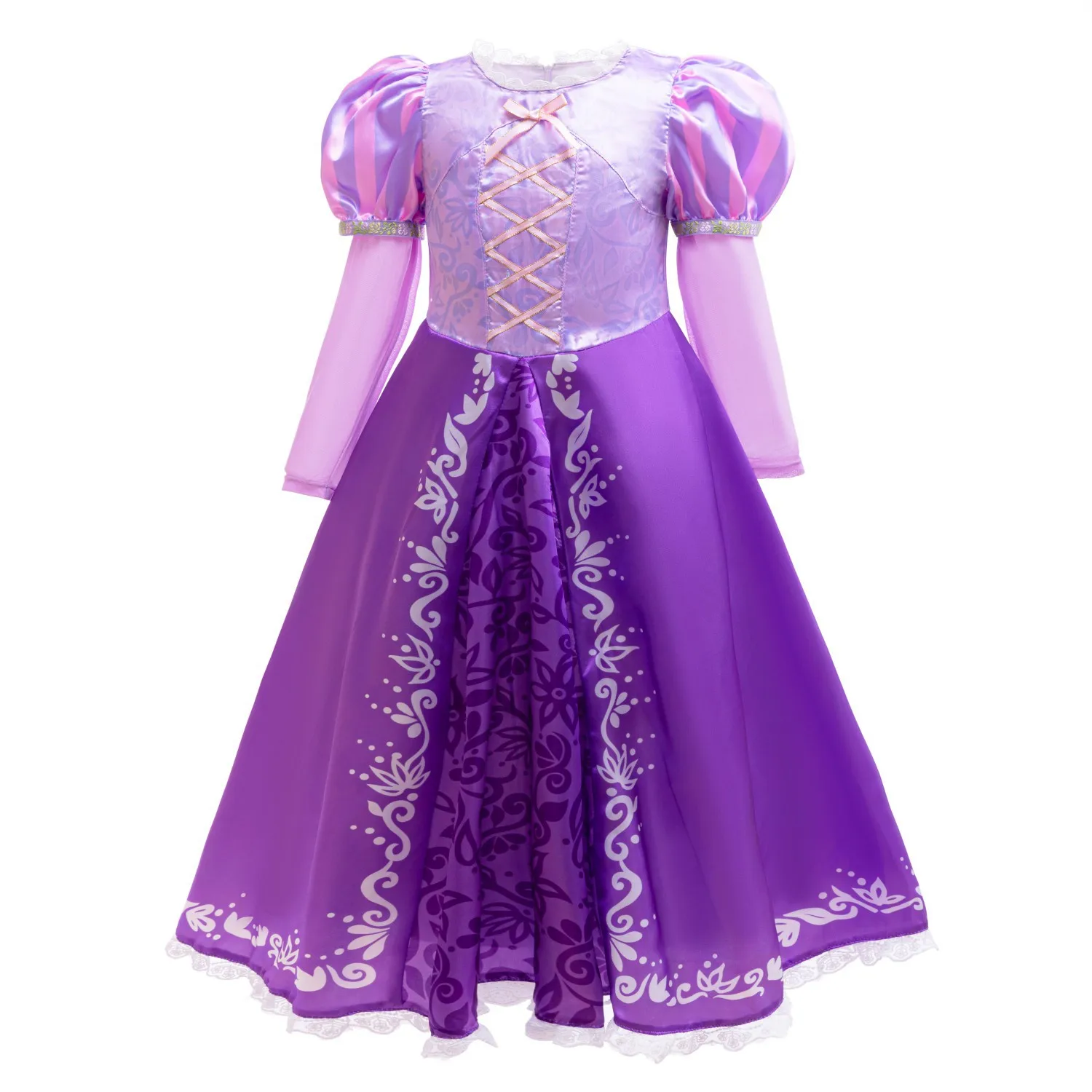 Girls Long Sleeves Rapunzel Dress Kids 3D Print Princess Dress Carnival Halloween Fantasy Disguise Gown Purple Floral Costume