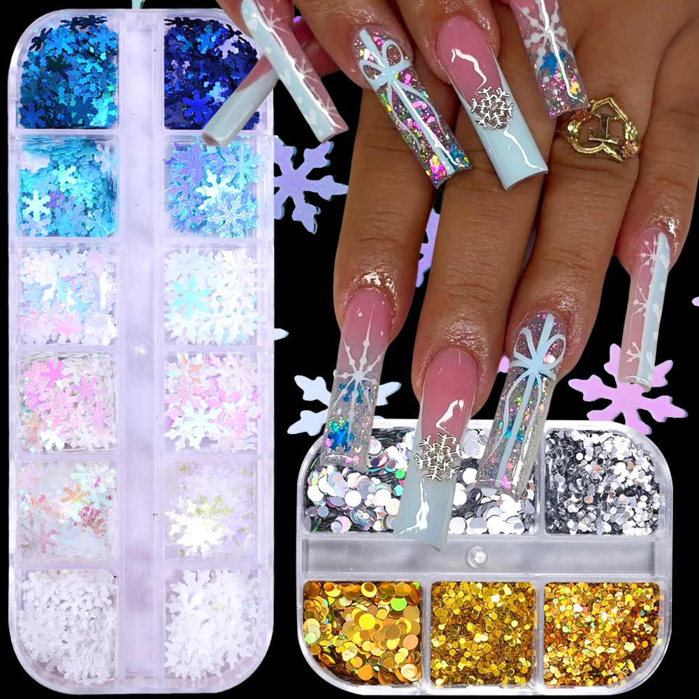 2 صناديق ندفة الثلج مسمار بريق الترتر المجسم الذهب الفضة Paillette رقائق مستديرة البولكا نقطة تصميم عيد الميلاد مانيكير ديكور