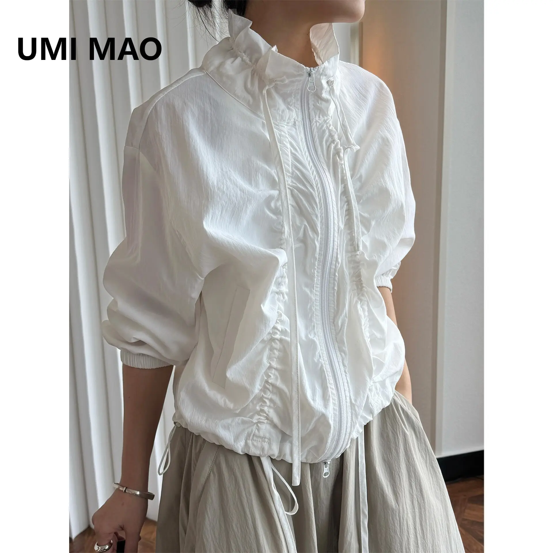 UMI MAO Sunscreen Jacket Spring New Korean INS Design Sense Side Drawstring Wrinkle Lightweight Breathable Coat For Women