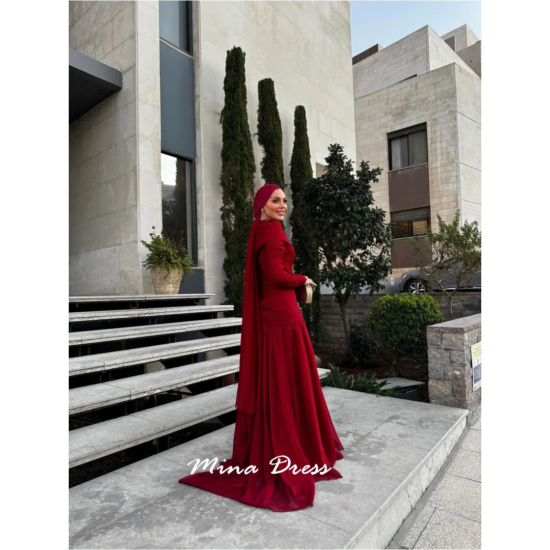 

Мина Индивидуальные плиссированные платья для особых мероприятий Вечернее платье с длинными рукавами Роскошное элегантное вечернее платье с круглым вырезом Женское выпускное платье