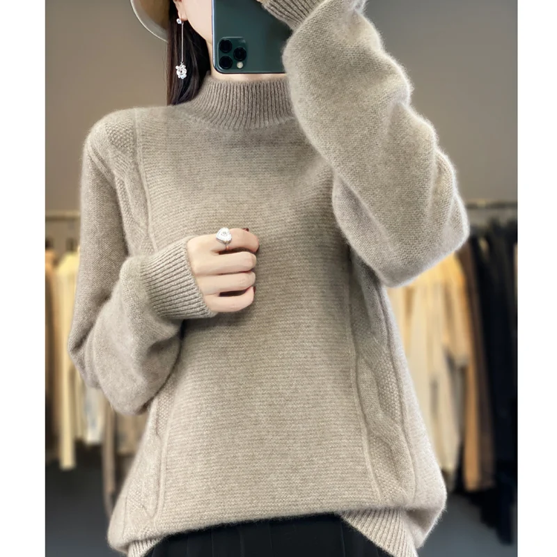 High-end 100% pure sweater women's seven-needle thick half-height knitted cashmere sweater loose plus size sweater bottoming shi