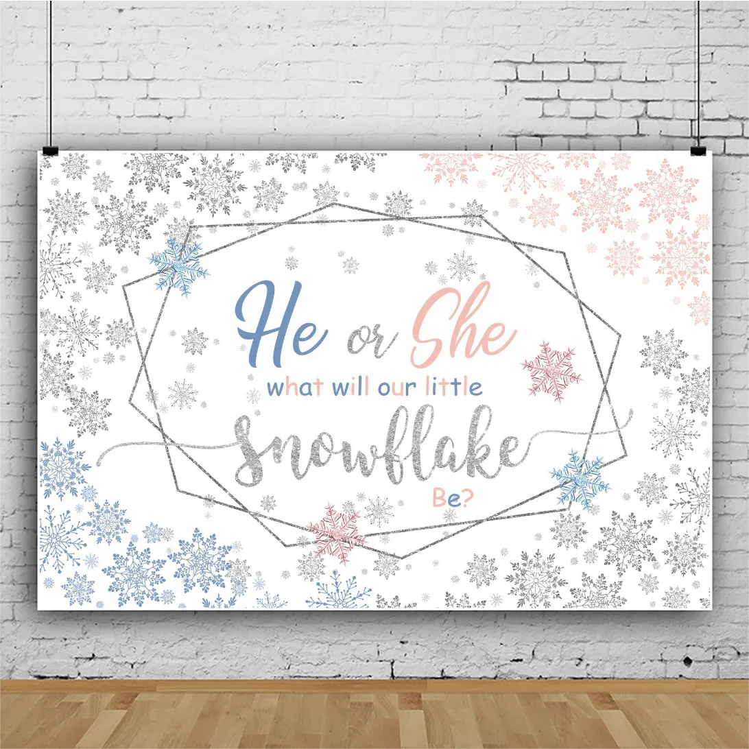 

He or She Snowflake Photo Studio Party Backdrop for Gender Reveal Banner Decorations Supplies Winter Snowflake Background