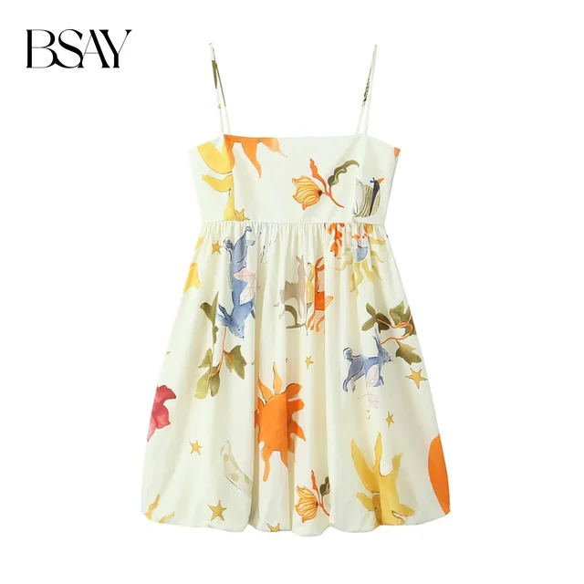BSAY Damska Moda Letnia Sukienka Mini na Ramiączkach z Nadrukiem, Luźna, z Bocznym Zamkiem, Bez Rękawów, z Odkrytymi Plecami, Elegancka, w Stylu Francuskim, Wieczorowa