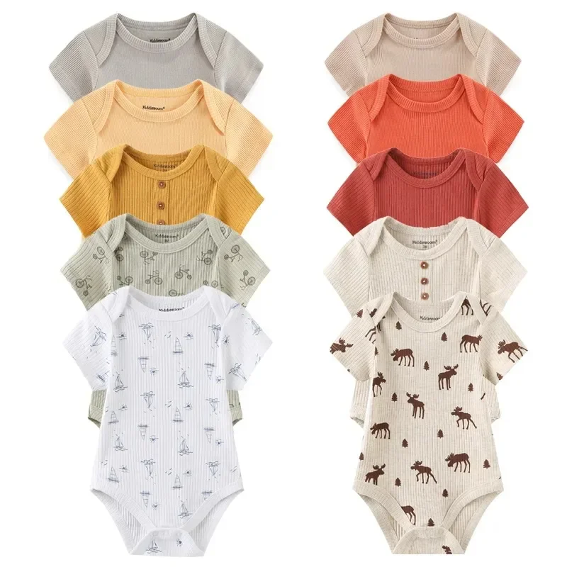 New Born Bodysuits 2023 Unisex 5Pieces Baby Girl Clothes Solid Color Cotton Baby Boy Clothes Set Cartoon Print Summer Bebes