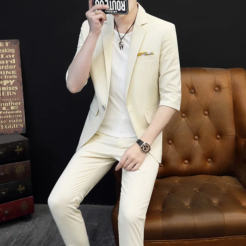 

Summer Thin Seven-Quarter Sve Men's Suit Casual ort Sve Tee-Piece Set Korean Sle Slim Fit round Hemline Polyester...