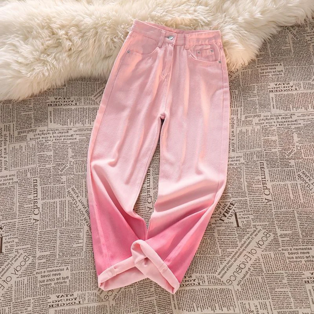 Gradient Color Soft Jeans Summer Women's High Waist Slim Fit Straight Wide Leg Pants Korean Female Fashion Denim Trousers