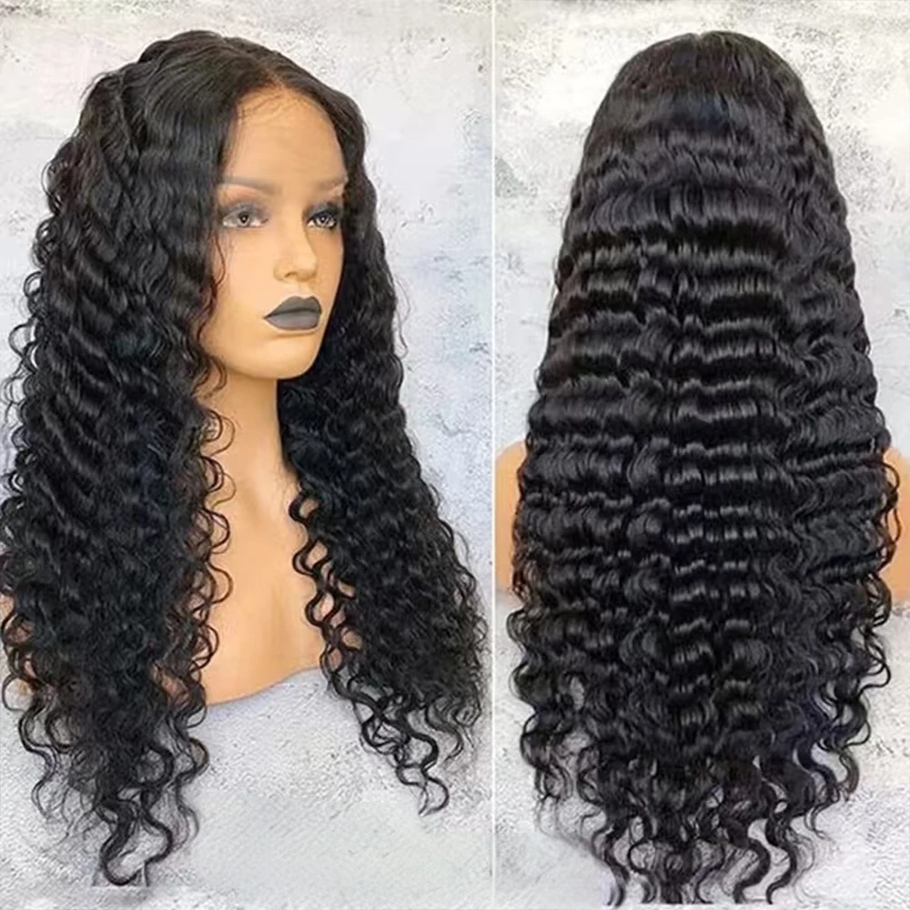 13x4 Deep Wave Lace Front Wigs Human Hair Pre Plucked 200% Density 13X6 Brazilian Deep Water Curly HD Transparent Lace Frontal Wig with Baby Hair Natural Black Color