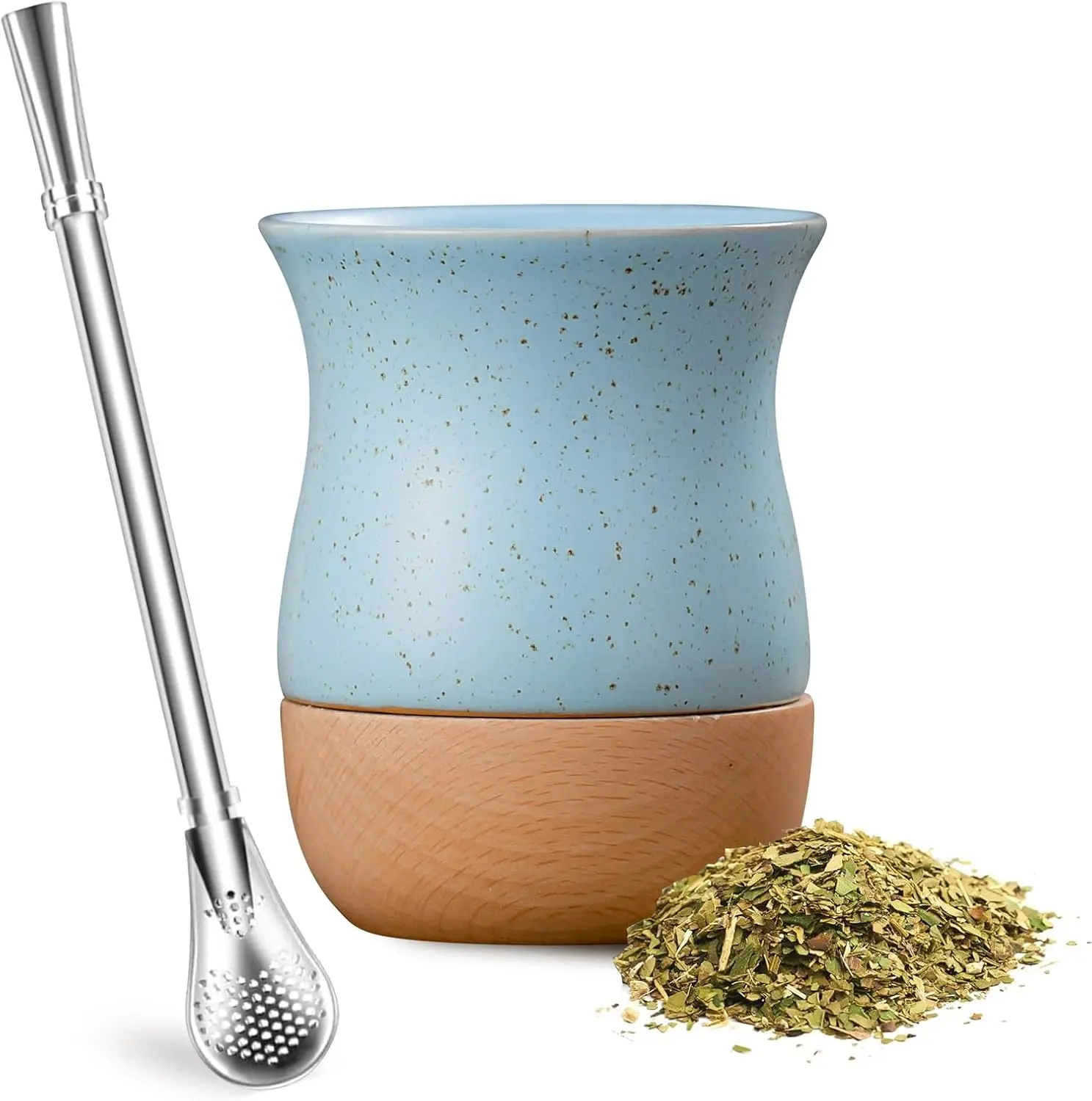 Copo de Yerba Mate, 8 OZ, Copo Tradicional de Cerâmica para Yerba Mate e Conjunto de Bombilla |   Copo de Cerâmica de 8 Onças com Base de Madeira