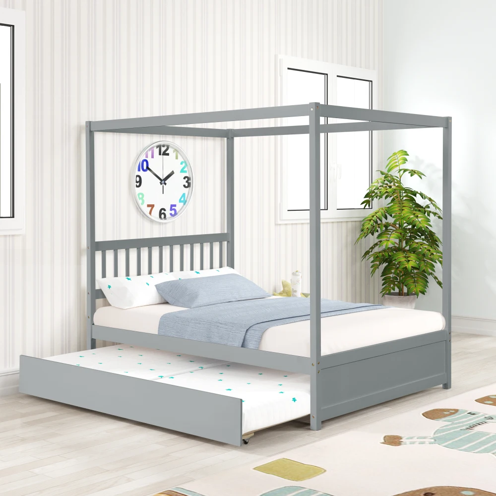 

Full Size Canopy Bed with Twin Trundle, Kids Solid Wood Platform Bed Frame W/ Headboard, No Box Spring Needed Grey Color