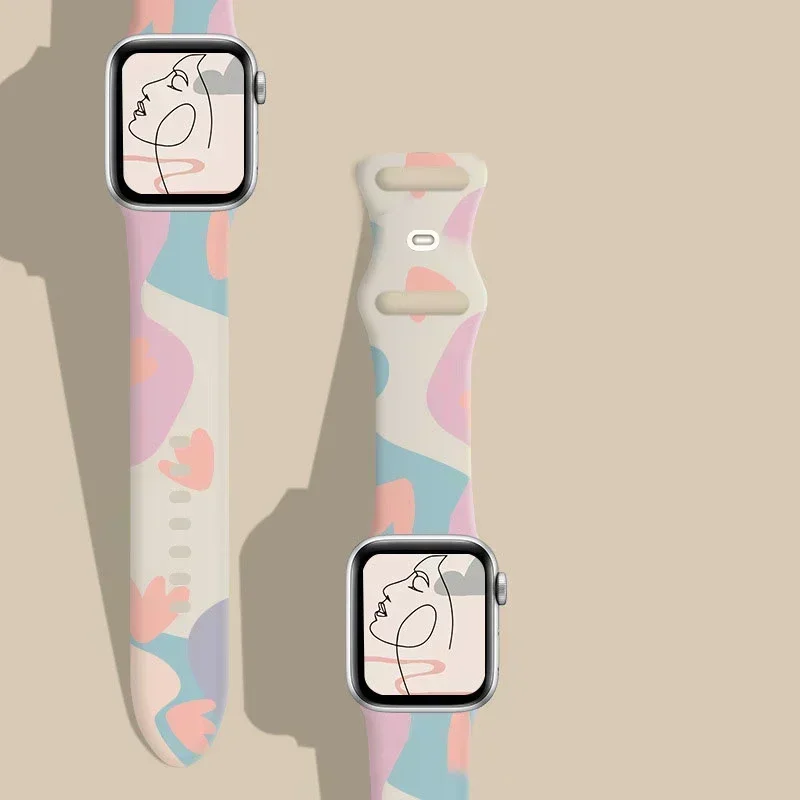 Printed Band For Apple Watch strap 44mm 45mm 41mm 46mm-40mm Ultra 2 49mm Women Silicone bracelet iWatch Series 10 9 8 7 6 5 4 SE