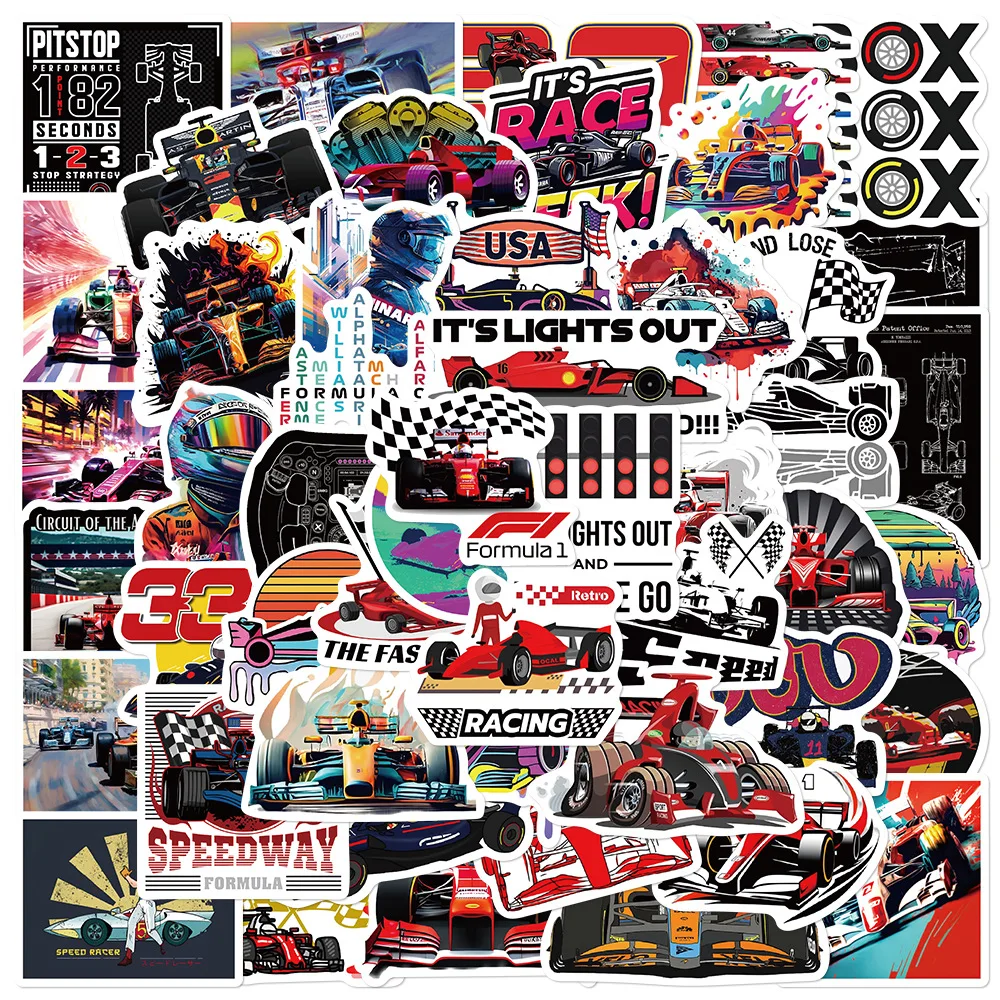 50PCS Formula 1 Car Graffiti Sticker Cool Race Car Decals For Laptop Phone Guitar Skateboard Fridge Helmet Waterproof Kids Toys
