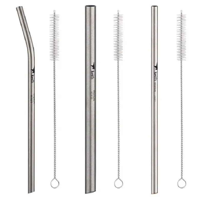 Keith Titanium Drinking Straw Family Camping Hiking Food Grade Bend And Straight Drink Straw With Clean Brush 21cm