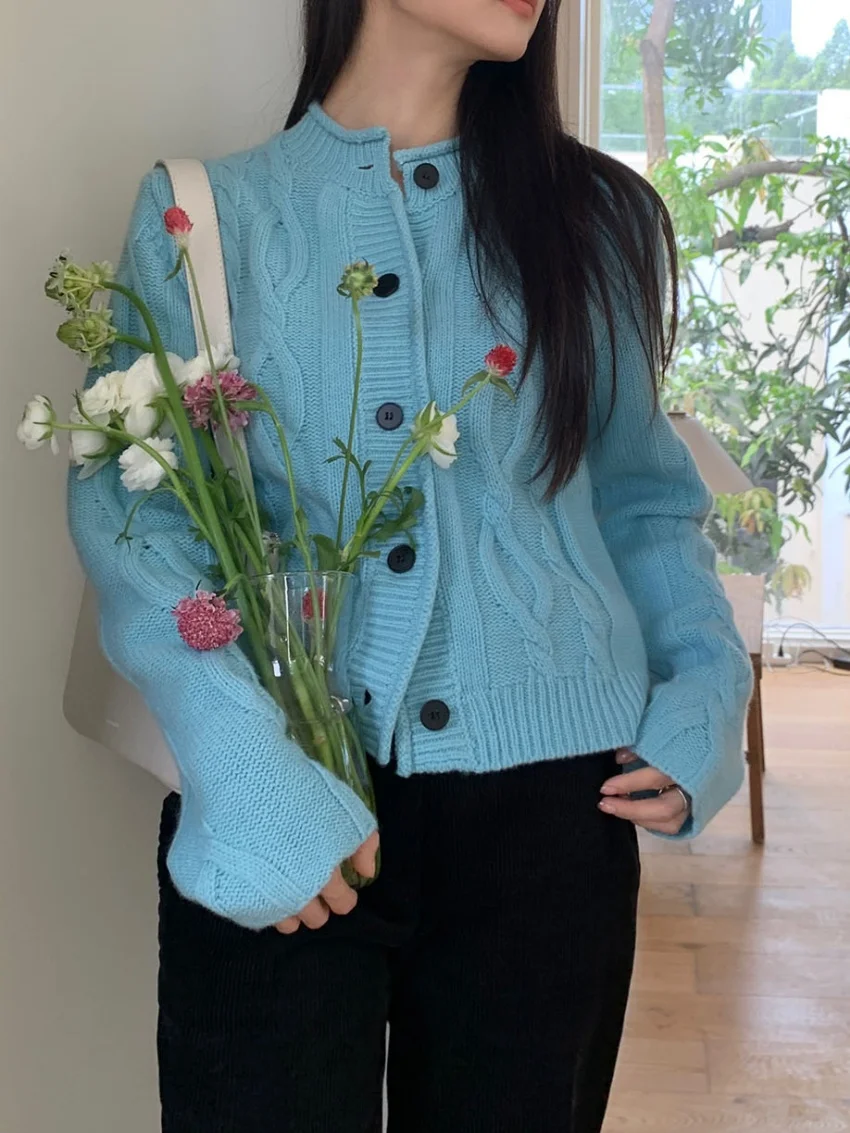 

Женские свитера Alien Kitty, синие, осенние, шикарные, свободные, новые, утолщенные, 2025 г., нежные вязаные повседневные офисные женские кардиганы, милые пальто