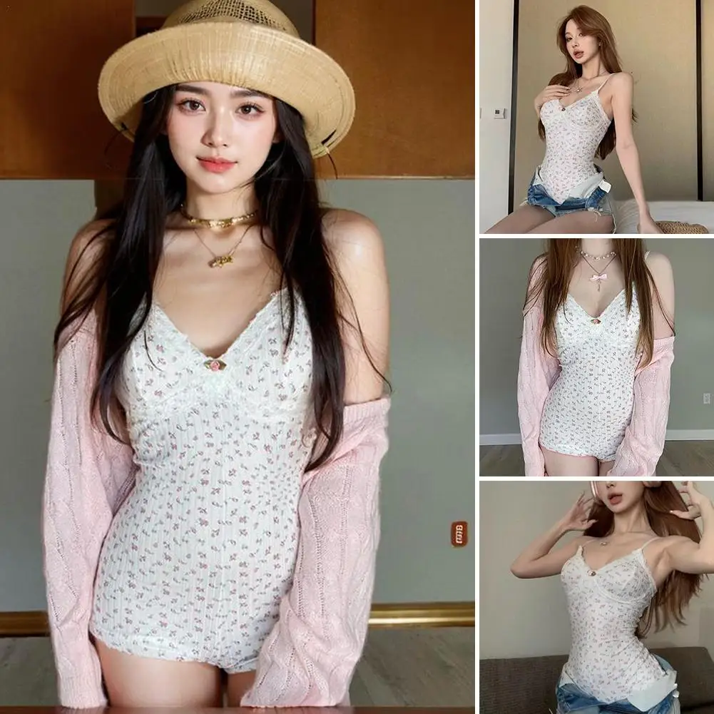 Fashion Sexy Spice Floral Lace Halter Jumpsuit Ladies Early Spring Design Sense Slim-fit Base Beach Home Casual Top Shorts