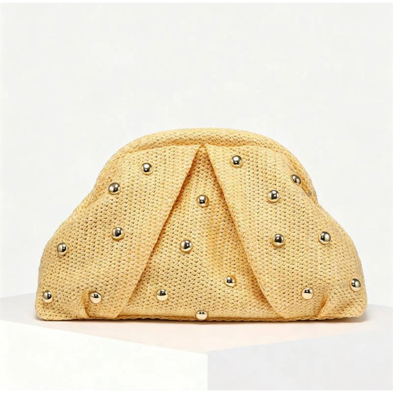 Vintage Häkel-Clutch, Retro-Handtasche für Damen, Sommer Boho Nieten-Dekor, gerüschte Handtasche mit wolkenförmigem Verschluss – Detail 5