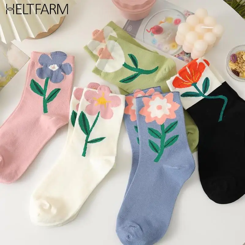 

1 Pair Women Cotton Socks Tulip Flowers Sweet Socks For Girl Famale Cute Dress Socks Spring Summer Harajuku Casual Mid Tube Sock