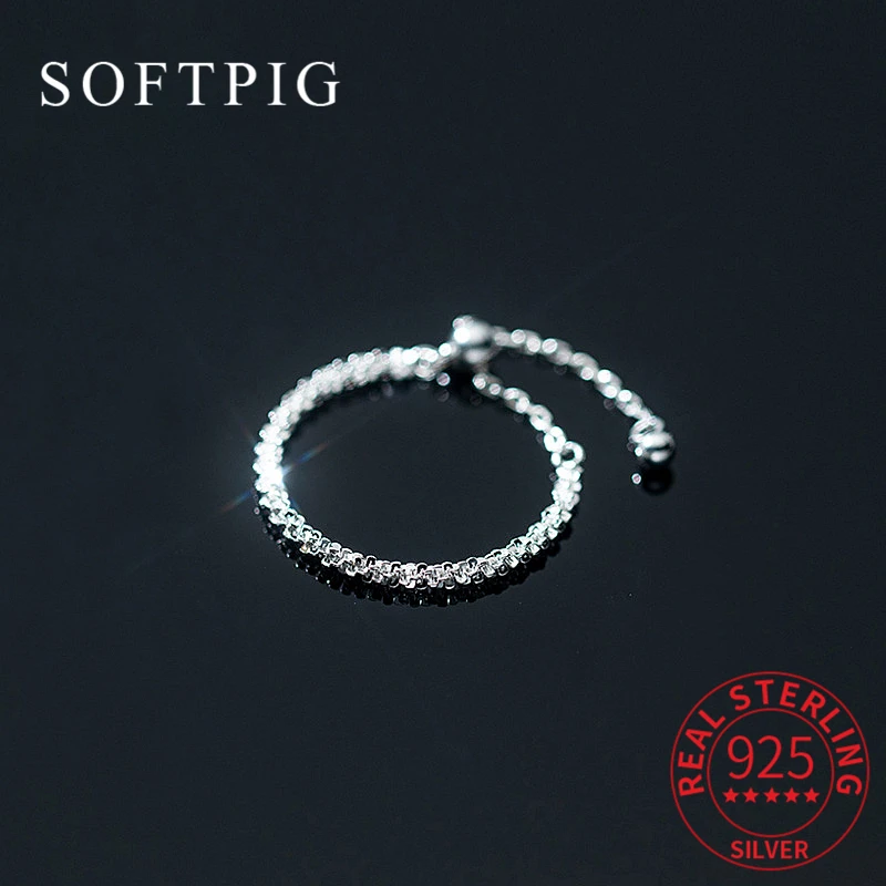 SOFTPIG Real 925 Sterling Silver Shiny Movable Chain Adjustable Ring for Women Classic Fine Jewelry Minimalist Accessories