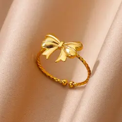 Stainless Steel Bow Butterfly Rings For Women Gold Color  Adjustable Bow Ring Wedding Aesthetic Minimalist  Jewelry Gift