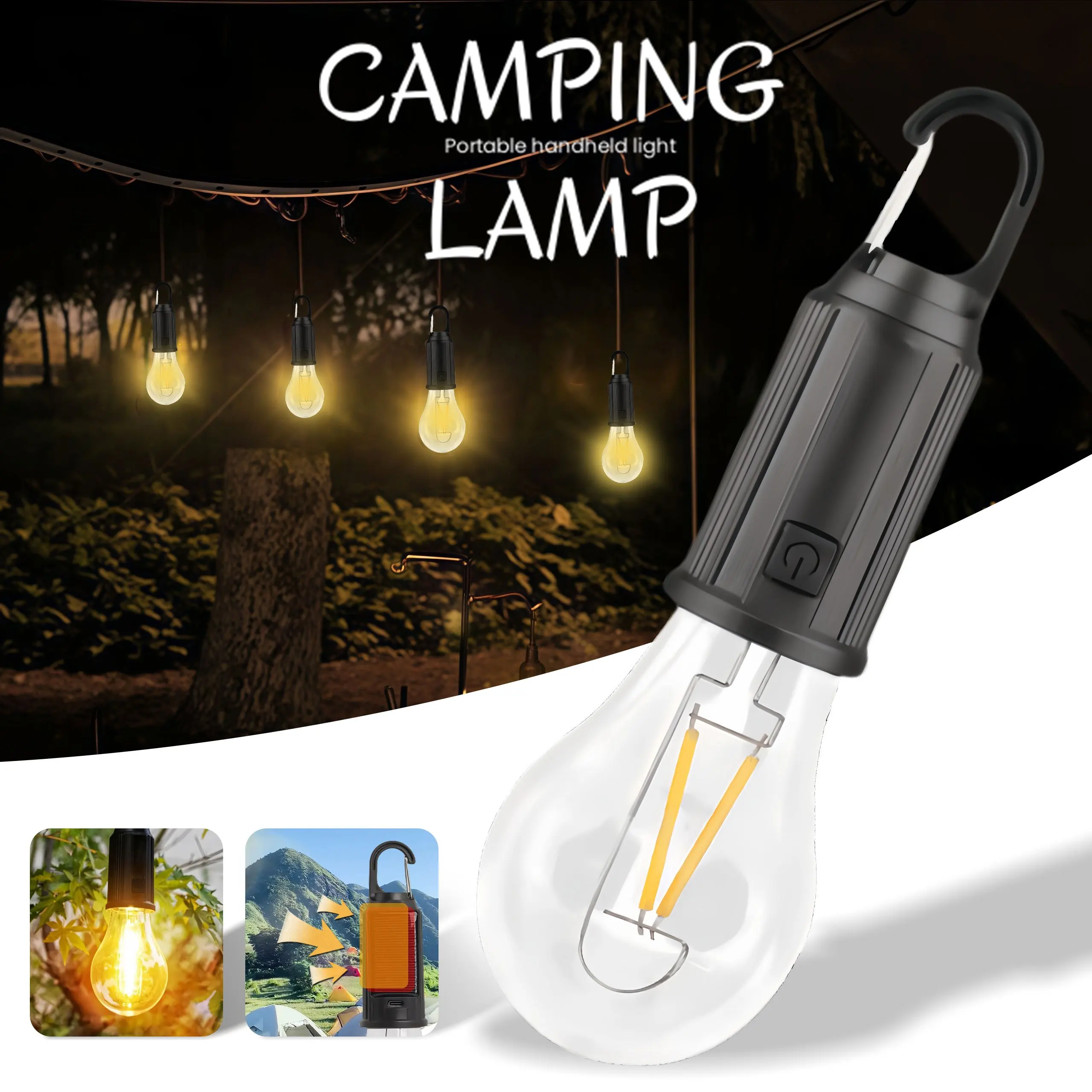 USB Camping Light 3 Lighting mode Rechargeable Lantern Waterproof High Bright Tent Light with Hook Outdoor Night Emergency Light