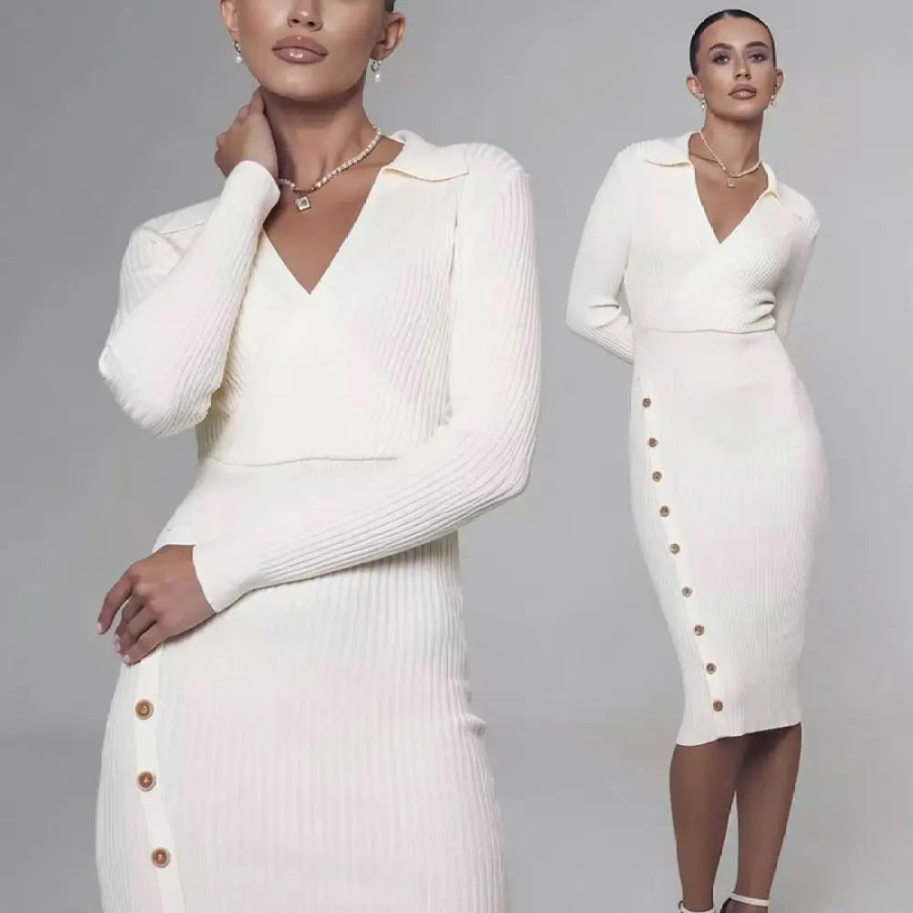 Slim Polo Neck Knitted Sweater Dress Women Long Sleeve Bodycon Dresses Autumn Winter Elegant Casual Office Lady Outfit
