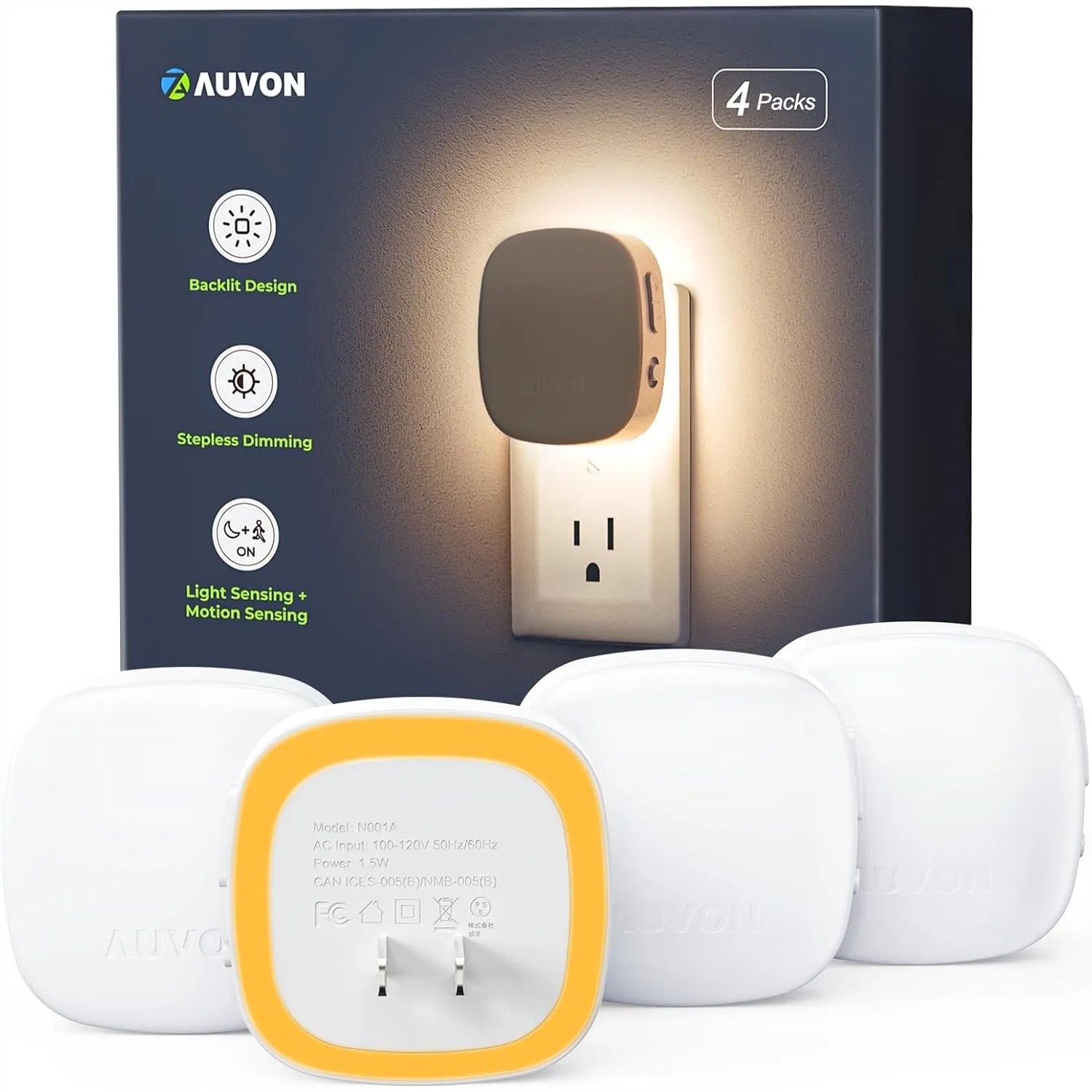 

Plug-in LED Backlit Night Light with Motion Sensor & Dusk to Dawn Sensor, Dimmable Amber Nightlight for Bedroom, Bathroom,