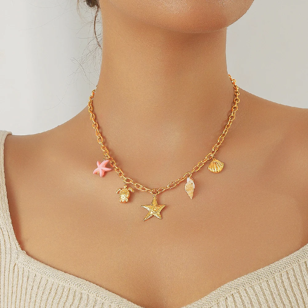 DIEYURO 316L Stainless Steel Marine Style Conch Golden Sea Star Pendant Necklace Girl New Fashion Trend Neck Jewelry Gift Joyas