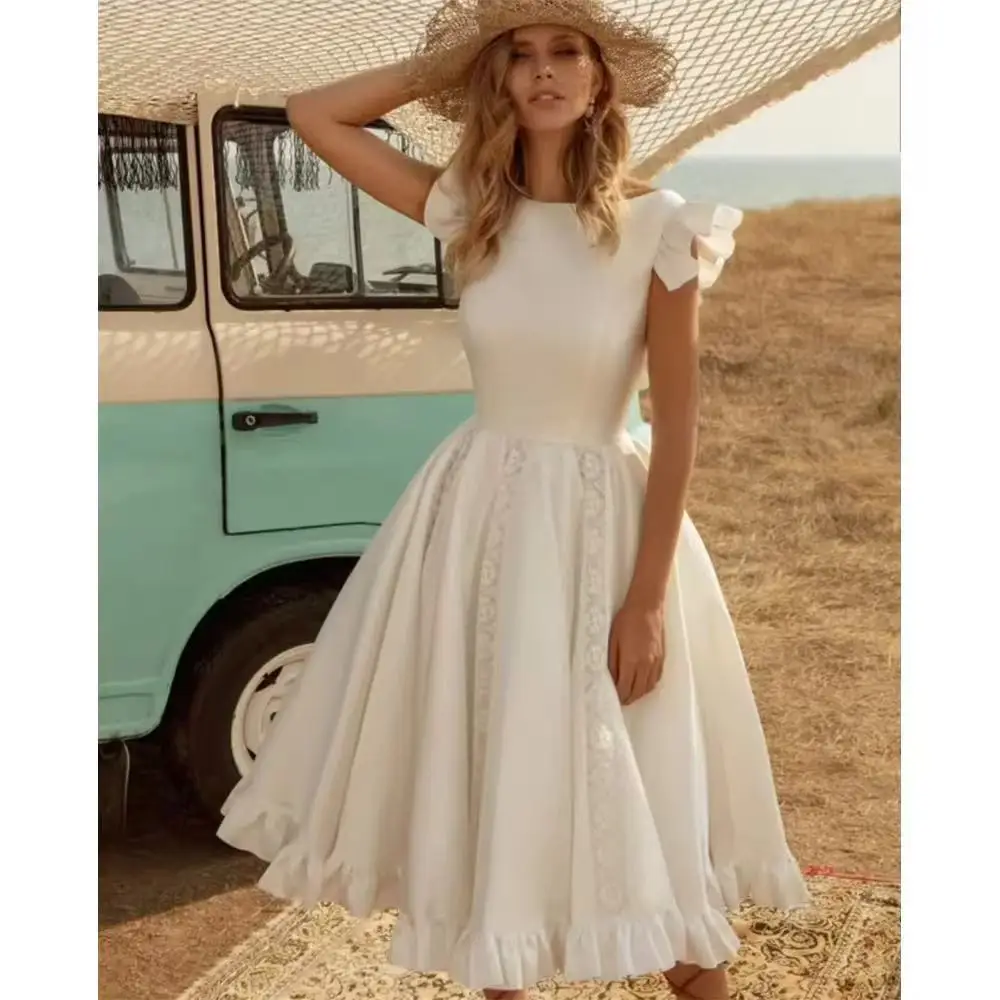 2025 New Simple A-Line Princess Beach Satin Hat Sleeve Wedding Dress New Fashion Chic Ruffled Bridal Dress Customized