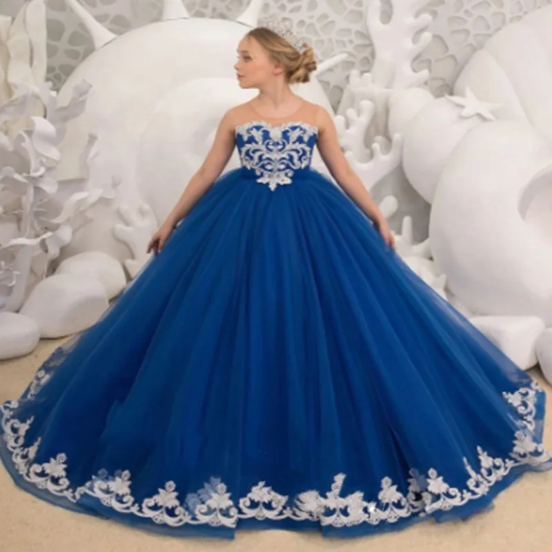 Flower Girl Dresses Royal Blue Puffy  Long Princess Lace Girl Birthday Party Girl Gowns for Wedding Communion Custom