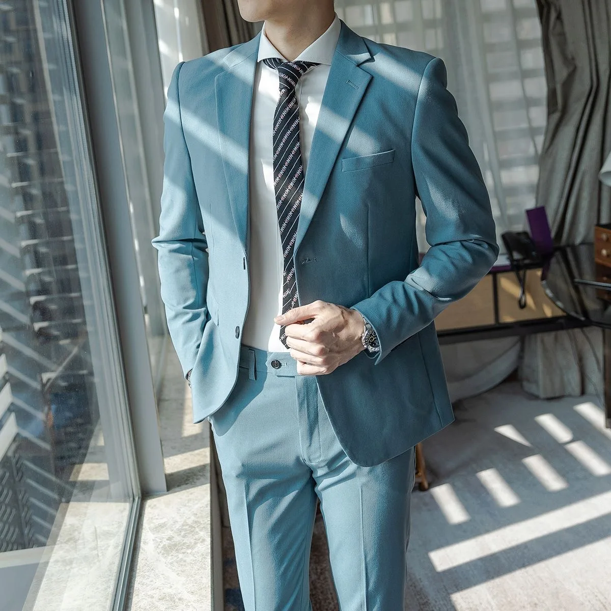 210 Men's stylish blue suit Korean style slim fit suit jacket groom dress suit