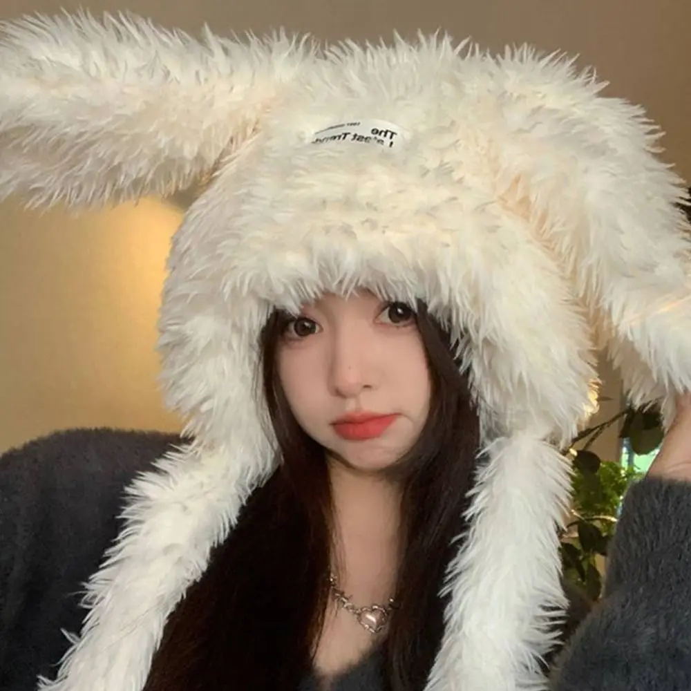 Sweet Long Rabbit Ears Fuzzy Bunny Hat Cute Keep Warm Women's Plush Caps Thickened Soft Winter Beanies Hats Women