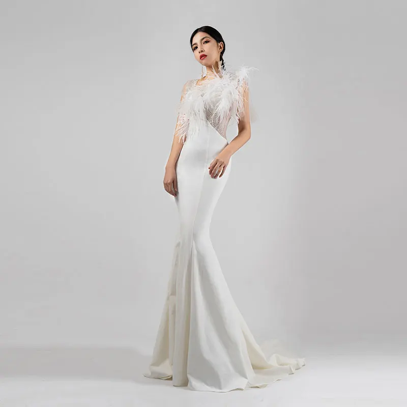 Elegent Feather White Mermaid Back Zipper Evening dress Cocktail Evening dress H361