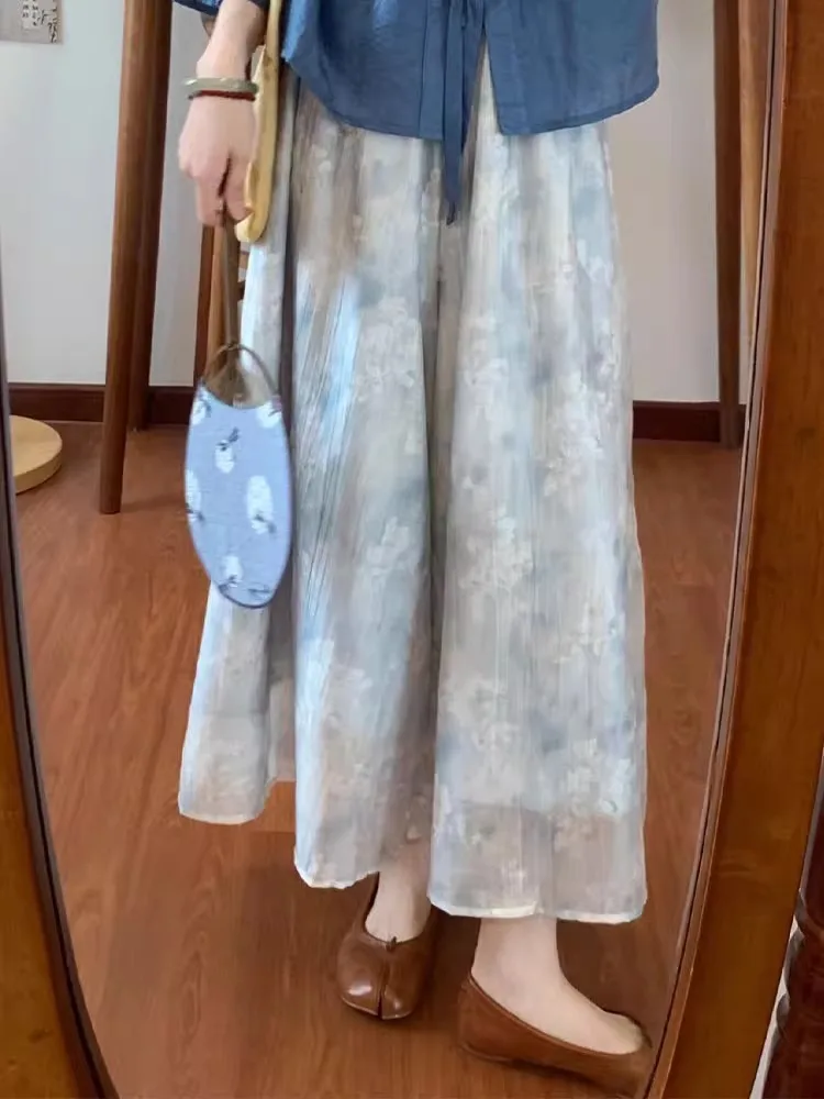 Retro Nuovo Cinese Sle Vestito Estivo Blu Top Pantaloni Bianchi Set a Due Pezzi da Donna Faionable Ensemble Pantaloni Bianchi Fem