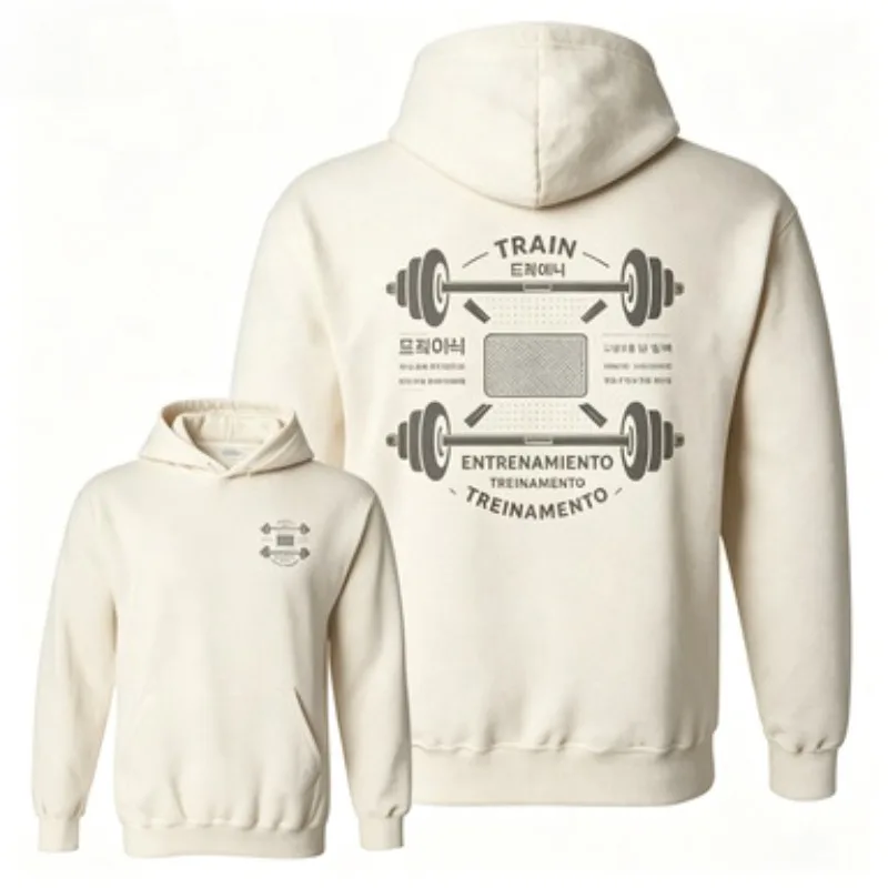 Unisex Weightlifting Graphic Pullover Hoodie Multi Language Dumbbell Gym Training Print Casual Hooded Sweatshirt for Men Women