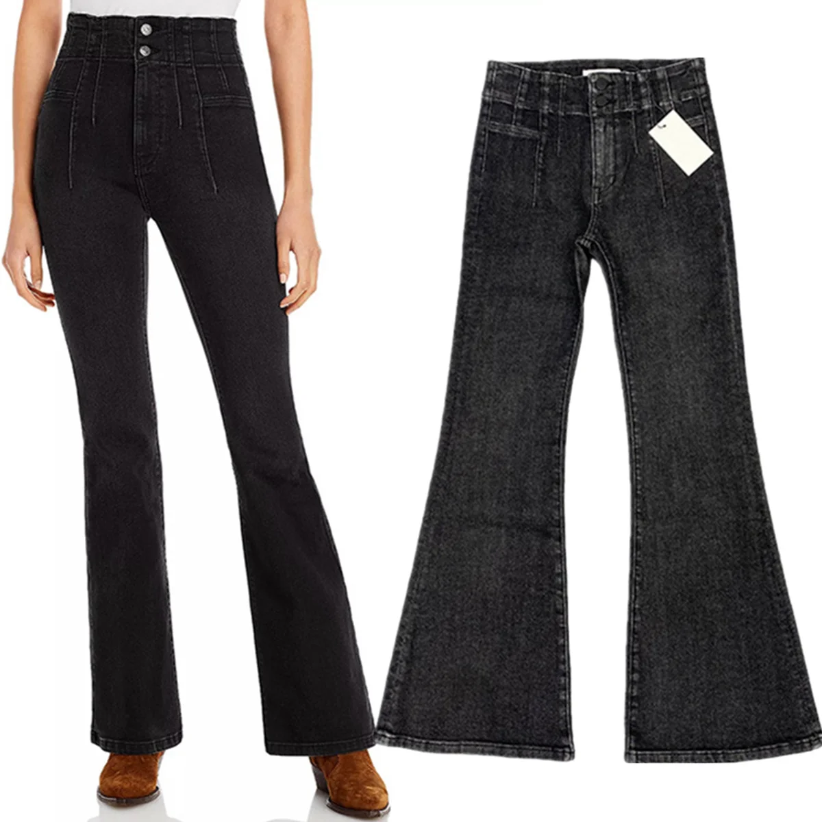 

Jenny&Dave Minimalist Black Color French High Waisted Elastic Hip Lifting Flared Jeans Slim Fit Pleated High Rise Denim pants Fo