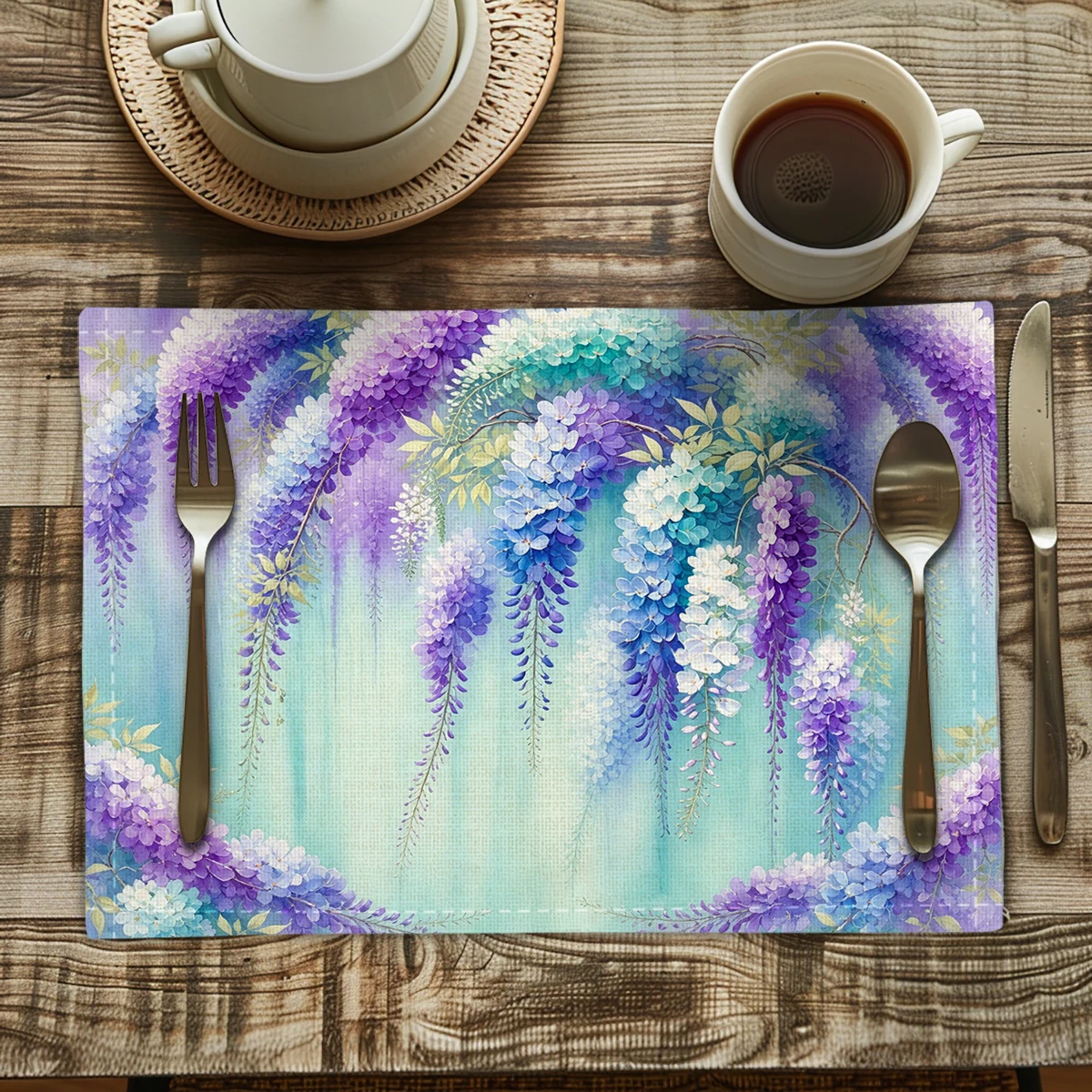 Dreamy Mountain Forest River Pattern Polyester Placemats & Coasters - Decorative Table Linen for Home Dining, Cafe & Daily Use