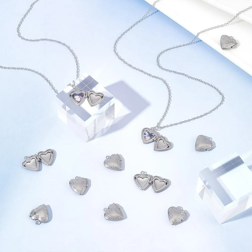 about 24pcs Stainless Steel Heart Locket Pendants Hearts Photo Frame Charms Love Wedding Photo Charms for DIY making kit