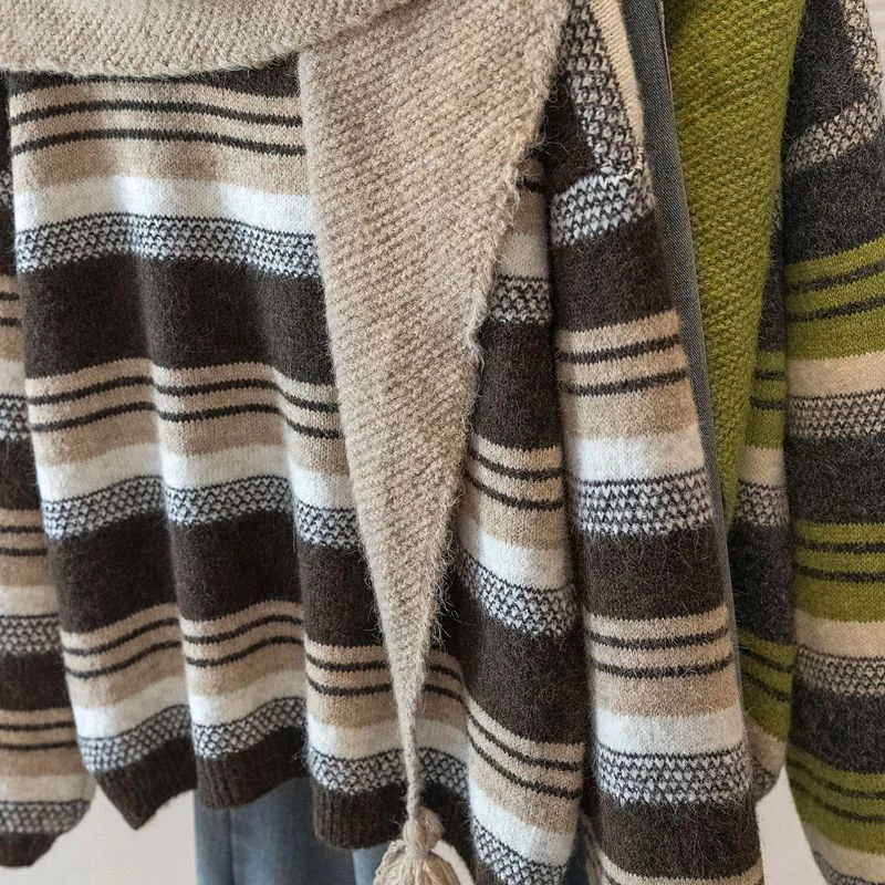 일본식 스트라이프 니트 스웨터 여성용 달콤한 레이지 스타일 스카프 가을 겨울 풀오버 프레피 루즈 캐주얼 O넥 니트웨어 점퍼