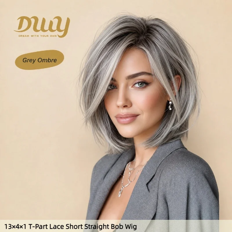 DWY 13x4x1 T Part Lace Front Wig Grey Ombre Short Straight Bob Side Part Synthetic Natural Hairline for Women Daily Wear Use