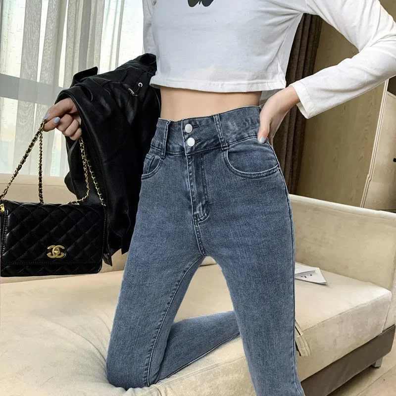 High-Waisted Elastic Jeans Women's Autumn 2021 New Double-Buttoned Slimming Versatile Korean Style Slims Smooths Your Silhouette