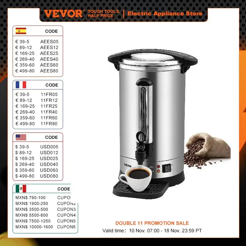 VEVOR 65/110 Cups Stainless Steel Coffee Thermos Urn Commercial Hot Water Dispenser for Camping Fast Brewing Easy Cleaning